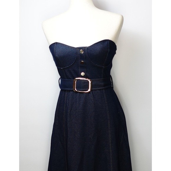 Zara Dresses & Skirts - Zara Strapless Denim Midi Dress Dark Wash Belted Corset Bodice Indigo Blue